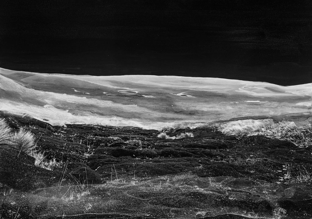 Emotive black and white mixed media painting, 50x70cm, featuring a captivating dissolve illusion on a landscape photograph - an exploration of emotional landscapes.