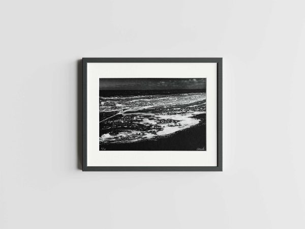 Foam of the Waves - Black and White Mixed Media Artwork: Front View in Black Frame