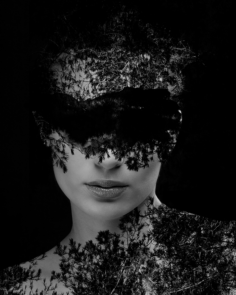 Veiled in Branches is a black and white portrait of a woman covered in tree branches, a journey of self-discovery