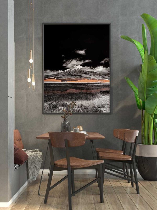 Volcan Cotopaxi - Original Mixed Media Artwork Framed in Black Frame - Modern Apartment View