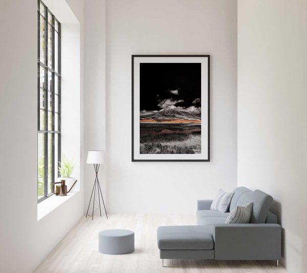 Volcan Cotopaxi - Original Mixed Media Artwork Framed in Black Frame - Contemporary White Apartment View